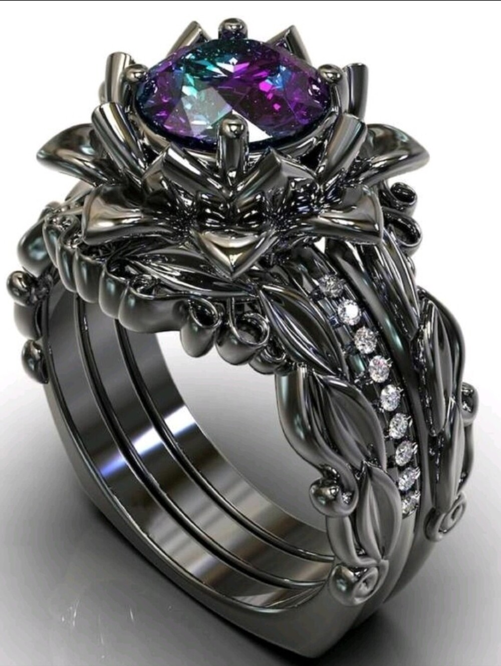 Mystic Floral Black Ring w/ Purple Green Stone Gothic Whimsigoth Dark Academia 7